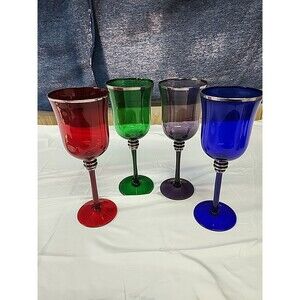 4 Bombay Crystal Wine Goblets Glasses Gold Rim Different Gem Colors ~9.5” Tall